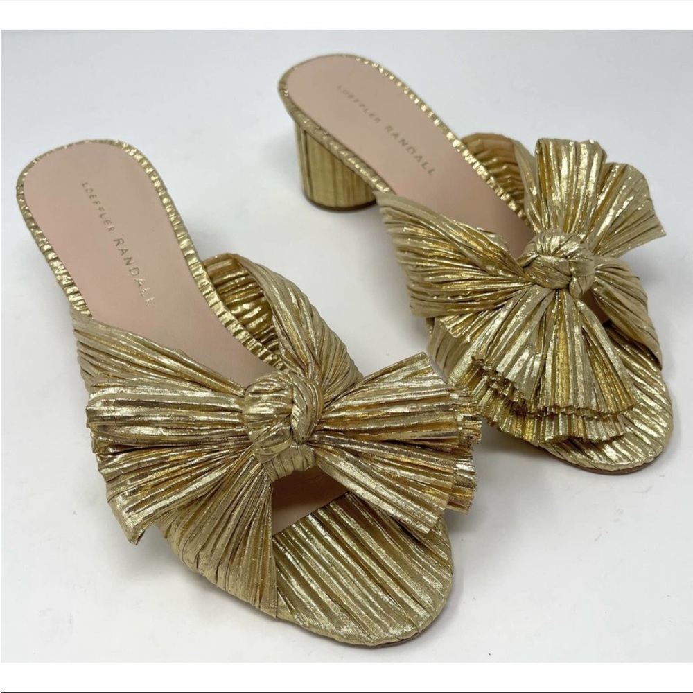 Loeffler Randall Women's Gold Emilia Pleated Bow Mid Heel Sandal Slide Size 7